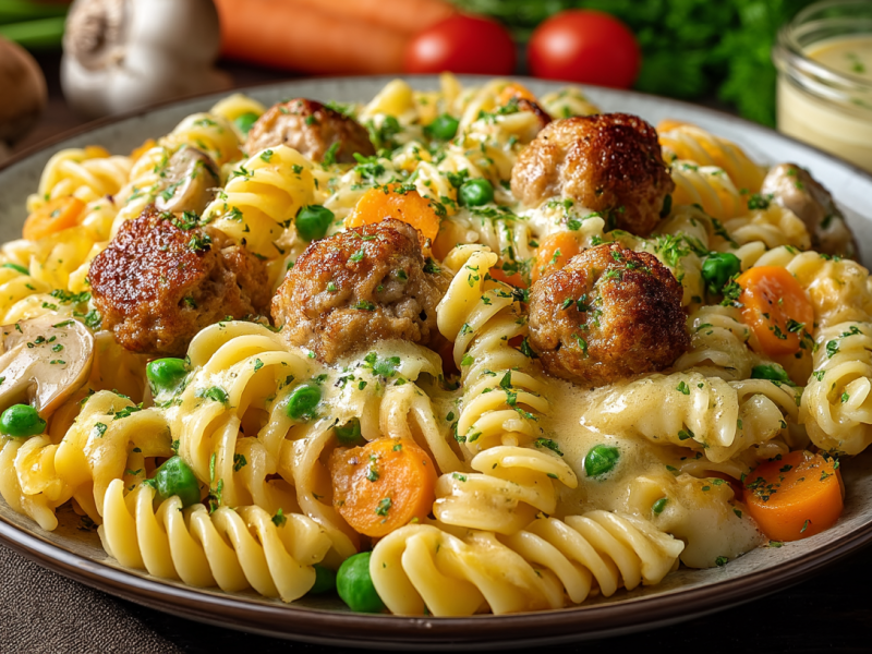 Ein Teller Wikingernudeln mit Fleischklößchen, Möhren, Erbsen, Champignons und Sahnesoße.