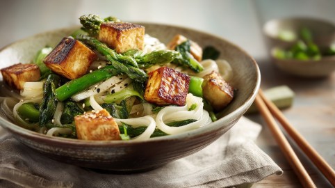 Eine Schüssel Zitronenspargel mit Reisnudeln und gebratenem Tofu. Daneben Essstäbchen. Nahausnahme.