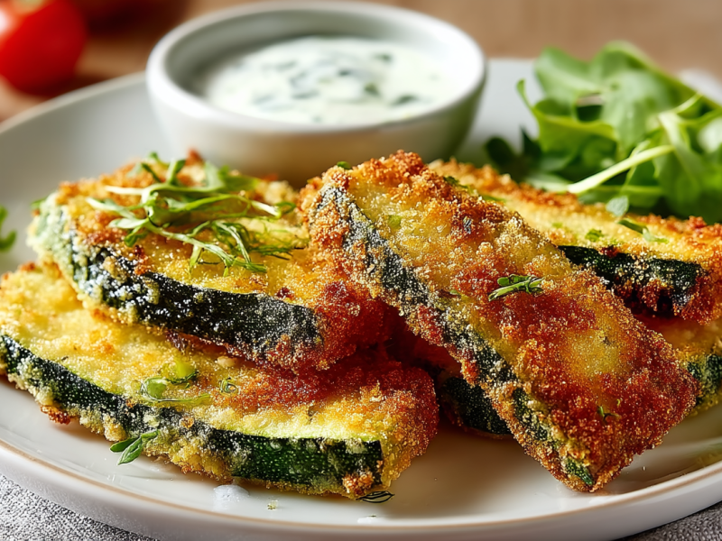 Einige Zucchinischnitzel auf einem weißen Teller, serviert mit Salat und Joghurt-Dip.
