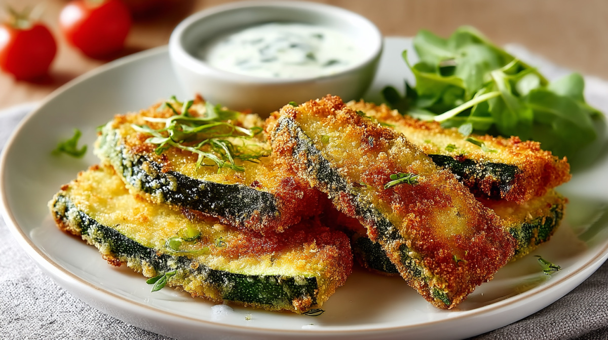Einige Zucchinischnitzel auf einem weißen Teller, serviert mit Salat und Joghurt-Dip.