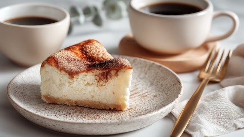 Ein Stück Zucker-Zimt-Käsekuchen auf einem Teller, daneben 2 Kaffeetassen und eine Gabel.