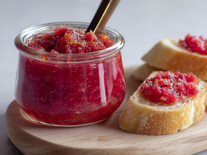 Ein Glas mit Zwiebel-Rhabarber-Aufstrich auf einem Holzbrett. Daneben liegen drei Scheiben aufgeschnittenes Baguette. Auf zwei wurde etwas des Aufstrichs verteilt.