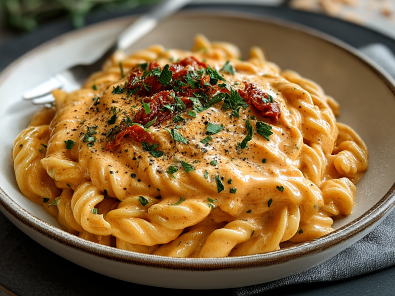 Eine Schüssel Ajvar-Sahne-Nudeln steht auf einem Unterteller. Unter der Schüssel liegt ein graues Küchentuch.