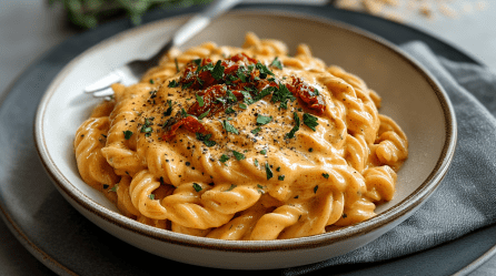 Eine Schüssel Ajvar-Sahne-Nudeln steht auf einem Unterteller. Unter der Schüssel liegt ein graues Küchentuch.