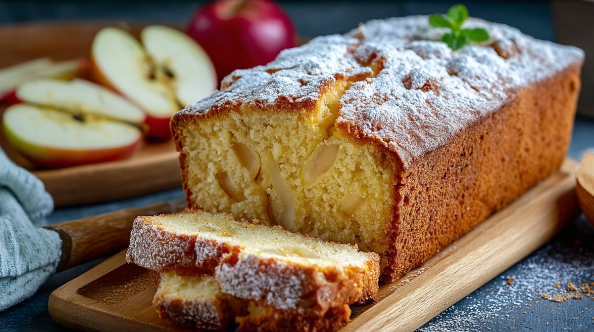 Apfel-Marzipan-Kuchen aus der Kastenform, von dem einige Stücke angeschnitten wurden.