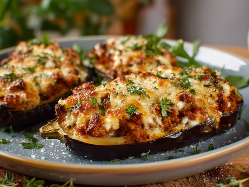 Drei Auberginen mit Linsenbolognese liegen auf einem Teller. Im Hintergrund sieht man frische Kräuter und auf der rechten Seite eine sehr große Zwiebel.