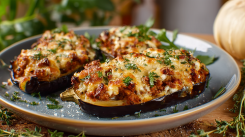 Drei Auberginen mit Linsenbolognese liegen auf einem Teller. Im Hintergrund sieht man frische Kräuter und auf der rechten Seite eine sehr große Zwiebel.
