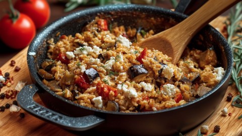 Eine Auberginen-Reispfanne mit Feta.