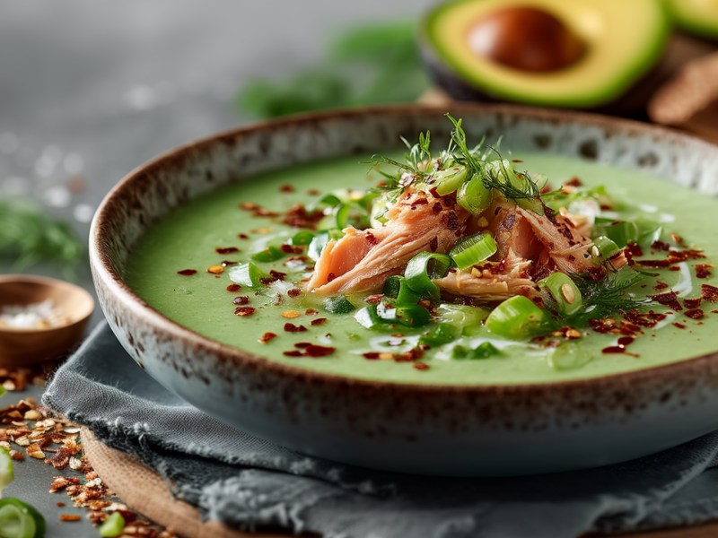 Eine Schüssel mit Avocado-Gazpacho, die mit zerzupftem Stremellachs, Chiliflocken und Frühlingszwiebeln garniert ist. Ringsum liegen frische Zutaten wie Limetten, Avocado und Kräuter verstreut. Der Teller steht auf einem runden Holzbrett, auf dem ein graues Küchenhandtuch liegt.