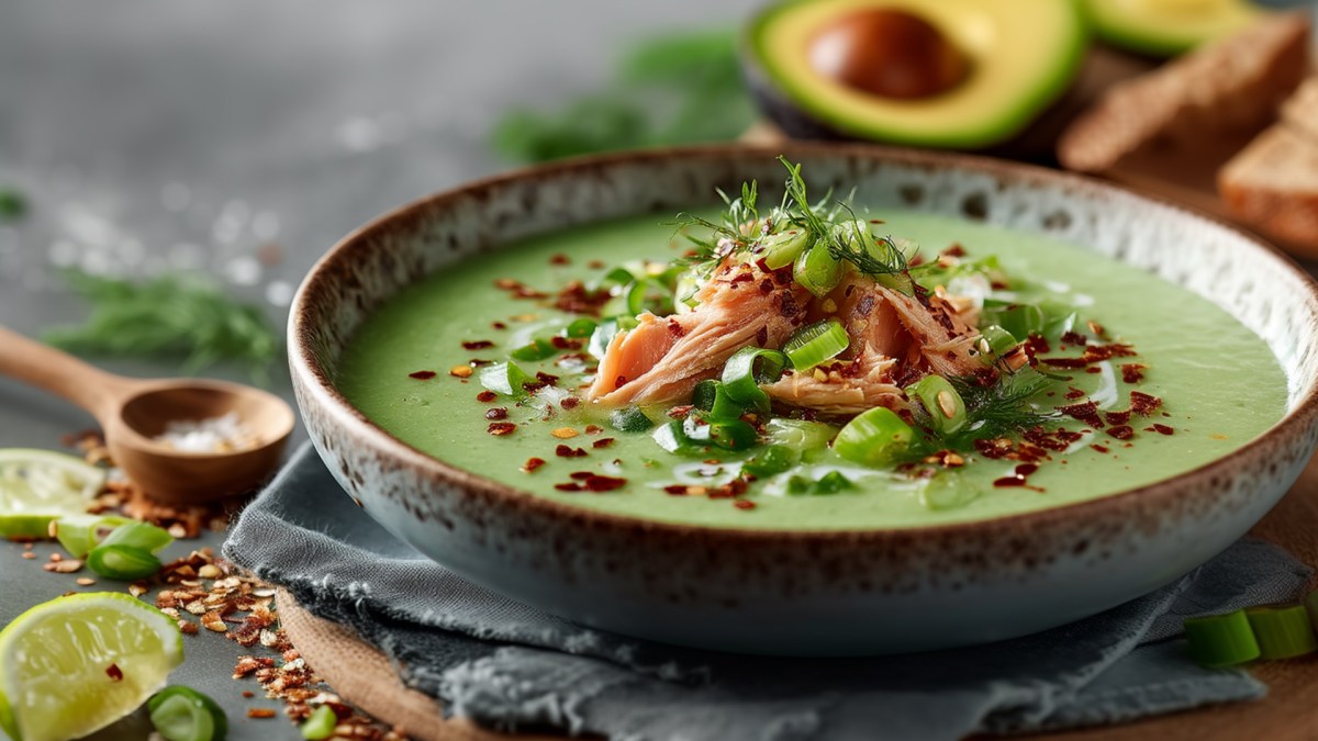 Eine Schüssel mit Avocado-Gazpacho, die mit zerzupftem Stremellachs, Chiliflocken und Frühlingszwiebeln garniert ist. Ringsum liegen frische Zutaten wie Limetten, Avocado und Kräuter verstreut. Der Teller steht auf einem runden Holzbrett, auf dem ein graues Küchenhandtuch liegt.