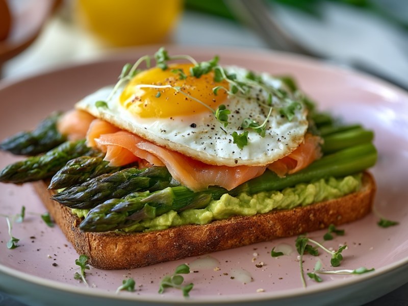Teller mit Avocado-Sandwich mit Spargel und Lachs