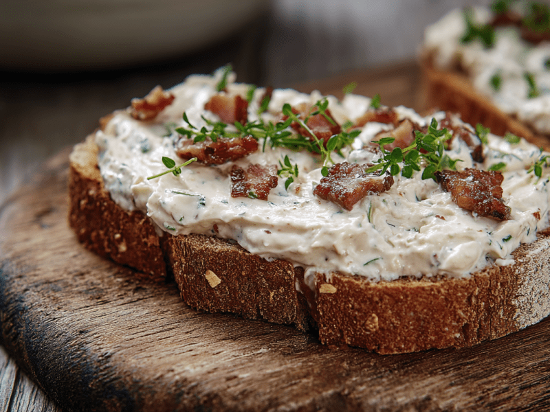 Ein Brot mit Bacon-Frischkäse-Aufstrich.