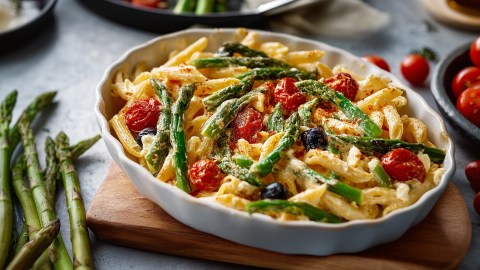 Eine Auflaufform mit Baked-Feta-Pasta mit Spargel, Tomaten und schwarzen Oliven. Die Form steht auf einem Holzbrett. Ringsum sind Spargelstangen und Cherrytomaten zu sehen.