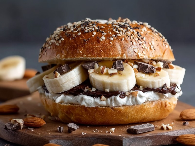 Ein Banana-Split-Brötchen auf einem runden Holzbrett. Ringsum liegen Mandeln und Schokostückchen verteilt. Im Hintergrund kann man ein Stück einer Banane und eine Banane, die ins Bild ragt erkennen.