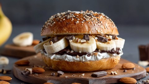Ein Banana-Split-Brötchen auf einem runden Holzbrett. Ringsum liegen Mandeln und Schokostückchen verteilt. Im Hintergrund kann man ein Stück einer Banane und eine Banane, die ins Bild ragt erkennen.