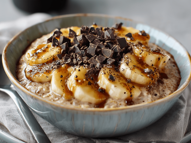 Eine Schüssel mit Banana-Split-Porridge auf einem Tuch. Darunter steht ein Teller. Links neben der Schüssel liegt ein Löffel.
