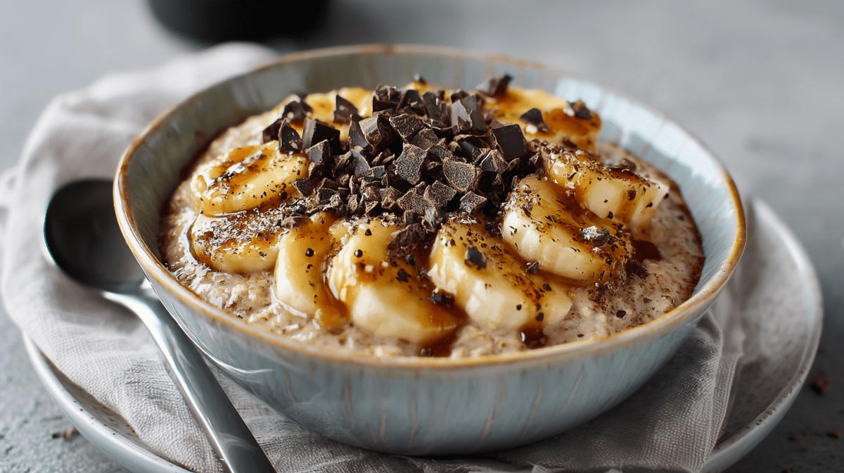 Eine Schüssel mit Banana-Split-Porridge auf einem Tuch. Darunter steht ein Teller. Links neben der Schüssel liegt ein Löffel.
