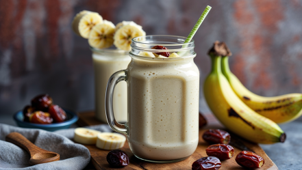 zwei Gläser Bananen-Dattel-Smoothie auf einem Tisch, Bananen und Datteln daneben