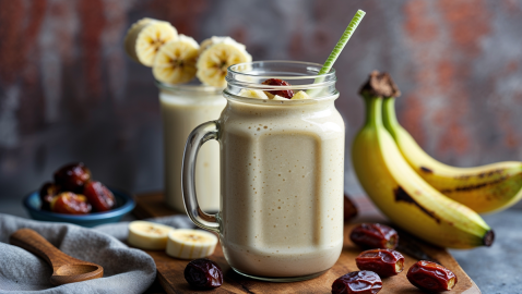 zwei Gläser Bananen-Dattel-Smoothie auf einem Tisch, Bananen und Datteln daneben