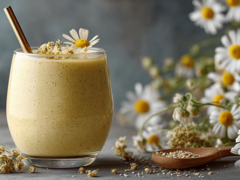 Ein Glas mit einem Banane-Kamillentee-Smoothie, in dem ein Strohhalm steckt. Der Smoothie ist mit ein paar Blüten dekoriert. Rechts im Bild und im Hintergrund sind frische Kamillenpflanzen zu sehen.