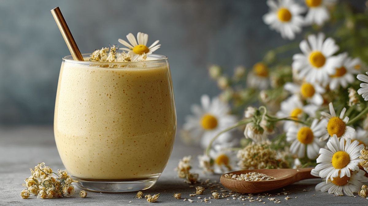 Ein Glas mit einem Banane-Kamillentee-Smoothie, in dem ein Strohhalm steckt. Der Smoothie ist mit ein paar Blüten dekoriert. Rechts im Bild und im Hintergrund sind frische Kamillenpflanzen zu sehen.