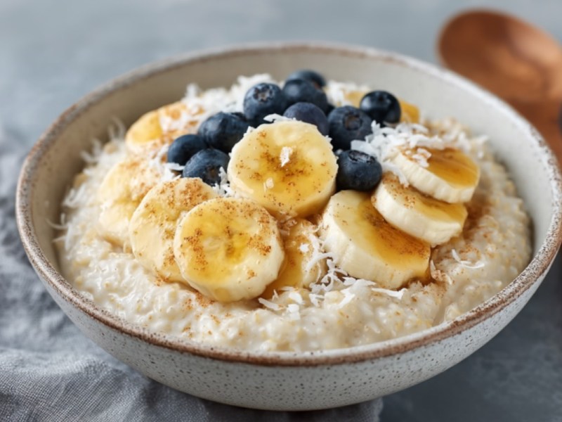 Eine Schale mit Bananen-Kokos-Porridge.