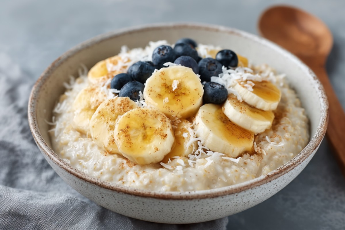 Eine Schale mit Bananen-Kokos-Porridge.