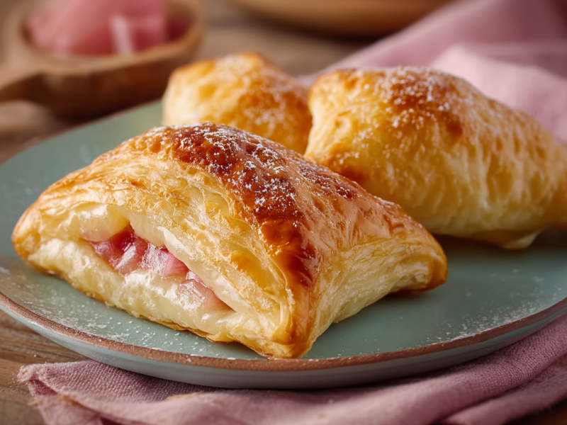 Drei Blätterteig-Rhabarbertaschen liegen auf einem blauen Teller. Im Hintergrund liegt ein Löffel mit Rhabarberstücken. Der Teller steht auf einem rosafarbenen Tuch.