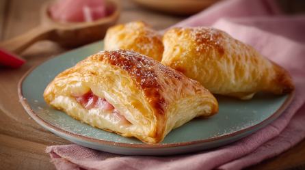 Drei Blätterteig-Rhabarbertaschen liegen auf einem blauen Teller. Im Hintergrund liegt ein Löffel mit Rhabarberstücken. Der Teller steht auf einem rosafarbenen Tuch.