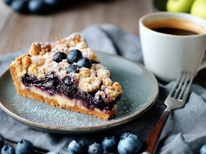 Ein Stück Blaubeer-Streuselkuchen auf einem Teller, drumherum frische Beeren, eine Gabel, eine Stoffserviette und eine Tasse Kaffee.