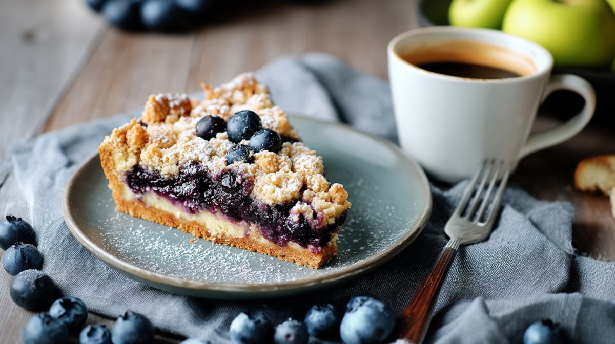 Ein Stück Blaubeer-Streuselkuchen auf einem Teller, drumherum frische Beeren, eine Gabel, eine Stoffserviette und eine Tasse Kaffee.