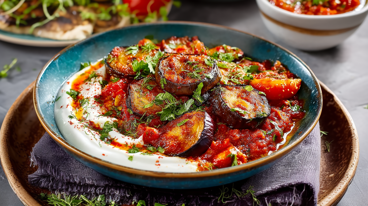 Borani Banjan auf einem blauen Teller. Das Gericht ist mit Joghurt, frischen Kräutern und Auberginen zubereitet. Der Teller steht auf einem größeren Untersetzer. Im Hintergrund sieht man weitere Kräuter, geröstetes Brot sowie eine Schale mit Tomatensoße.