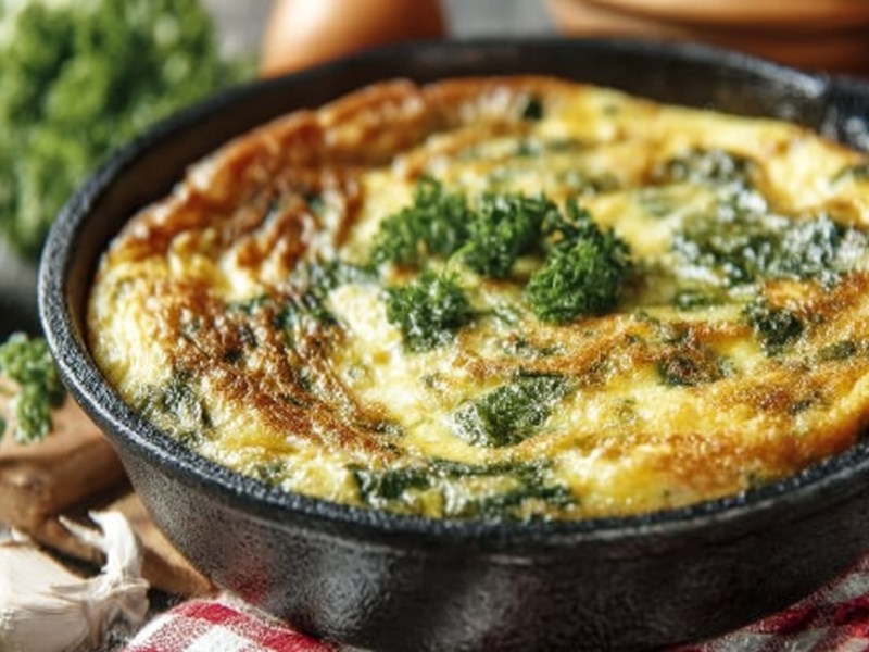 Pfanne mit Brennnessel-Omelett auf einem Tisch