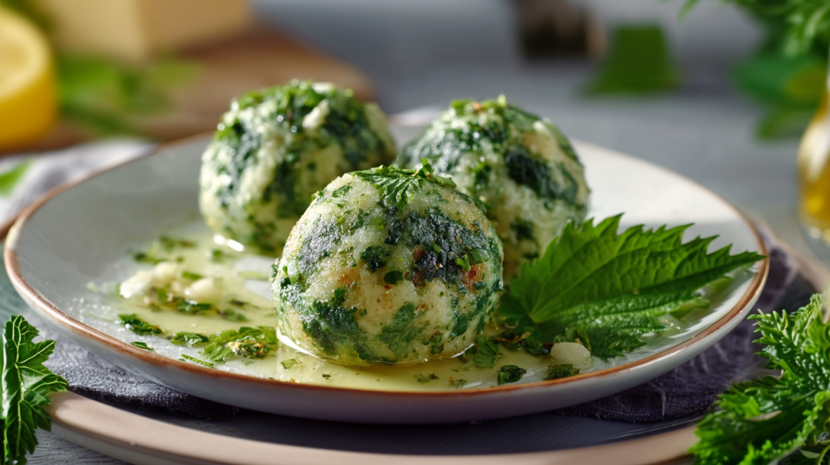 Drei Brennnesselknödel liegen auf einem grauen Teller. Neben ihnen liegt ein Brennnesselblatt. Im Hintergrund sieht man weitere Zutaten. Der Teller steht auf einem Unterteller. Neben dem Unterteller liegen noch weitere Brennnesselblätter.