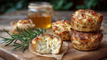 Einige Brie-Honig-Muffins mit Rosmarin, nebeneinander und gestapelt, auf einem Holzbrett-. Einer ist angebissen.