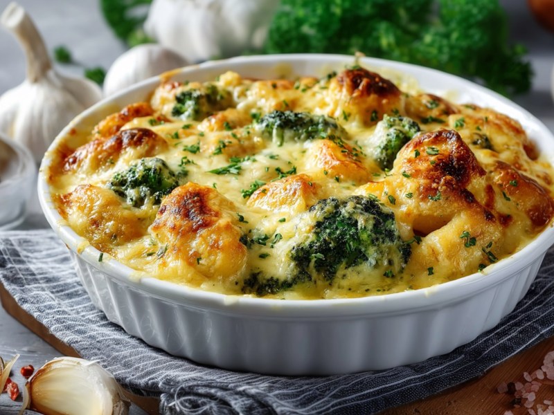 Form mit Brokkoli-Gnocchi-Auflauf auf einem Tisch