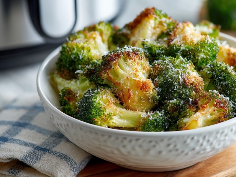 Eine Schüssel Brokkoli aus der Heißluftfritteuse gratiniert mit Parmesan, daneben ein Geschirrtuch, im Hintergrund ein Airfryer erkenntbar.