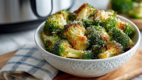 Eine Schüssel Brokkoli aus der Heißluftfritteuse gratiniert mit Parmesan, daneben ein Geschirrtuch, im Hintergrund ein Airfryer erkenntbar.
