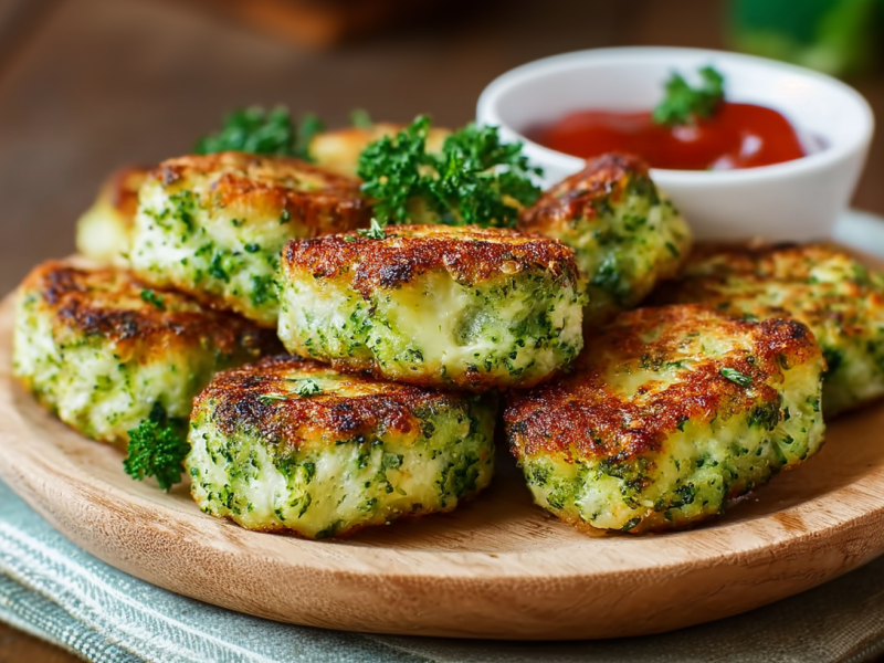 Mehrere Brokkoli-Käse-Nuggets liegen auf einem Holzteller. Der Teller liegt auf einem Küchentuch auf einem Holztisch. Im Hintergrund sieht man eine Schale mit Ketchup.