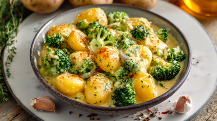 Ein Teller mit Brokkoli-Kartoffeln steht auf einem grauen Untersetzer. Das Gericht ist mit Kartoffeln, Brokkoli und Zwiebeln zubereitet. Vor dem Teller liegen zwei Knoblauchzehen. Hinter dem Teller liegen drei Kartoffeln und man sieht eine Flasche Öl im Anschnitt.