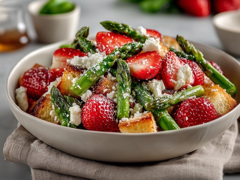 Brotsalat mit Spargel und Erdbeeren sowie Feta in einer Schüssel, die auf einer Stoffserviette steht. Im Hintergrund unscharf Zutaten.