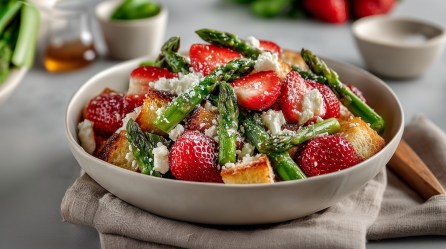Brotsalat mit Spargel und Erdbeeren sowie Feta in einer Schüssel, die auf einer Stoffserviette steht. Im Hintergrund unscharf Zutaten.