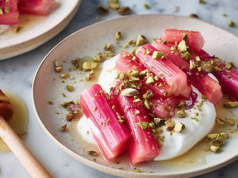 Teller mit Buttermilch-Mousse mit Ofenrhabarber, Honiglöffel daneben