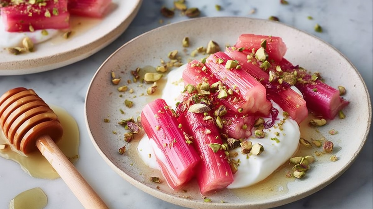 Teller mit Buttermilch-Mousse mit Ofenrhabarber, Honiglöffel daneben