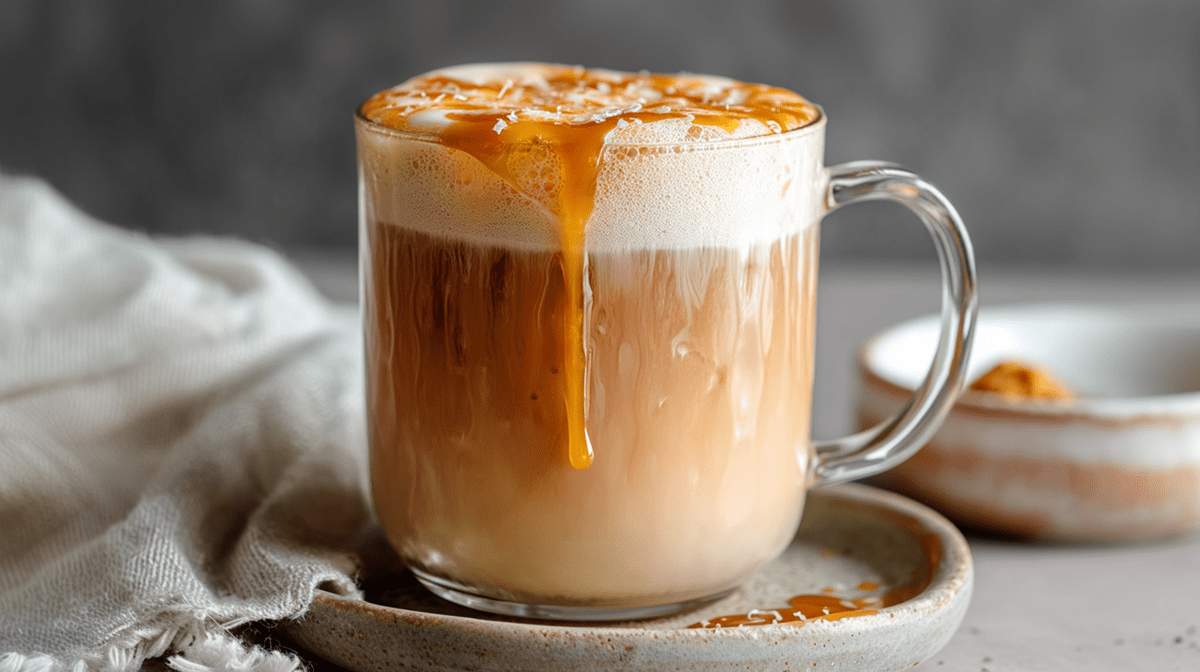 Ein Glas mit einem Caramel Tea Latte, der mit Karamellsoße garniert ist. Das Glas steht auf einem Untersetzer. Links daneben ist ein Tuch drapiert.