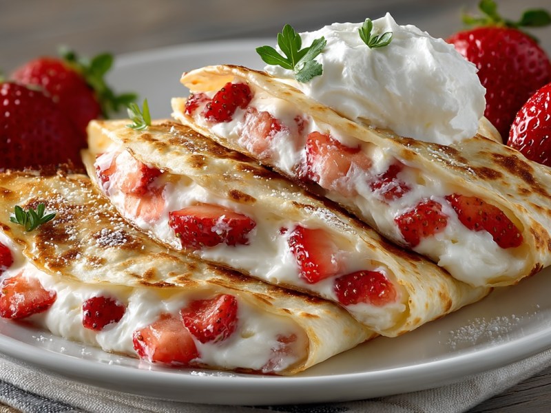3 Cheesecake-Quesadillas mit Erdbeeren auf einem Teller.