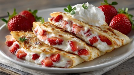 3 Cheesecake-Quesadillas mit Erdbeeren auf einem Teller.
