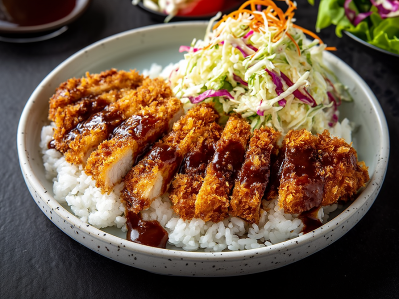 Ein Teller Chicken Katsu. Das in Streifen aufgeschnittene knusprige Hähnchenschnitzel liegt auf Reis und wir mit einer braunen Soße und Krautsalat serviert.