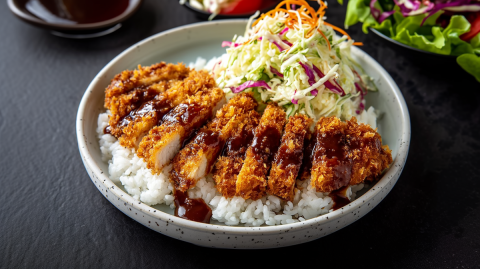 Ein Teller Chicken Katsu. Das in Streifen aufgeschnittene knusprige Hähnchenschnitzel liegt auf Reis und wir mit einer braunen Soße und Krautsalat serviert.