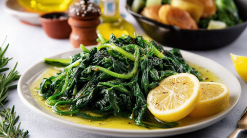 Chorta: griechisches Wildgemüse mit Zitrone und Olivenöl auf einem Teller, daneben Zitronenscheiben.